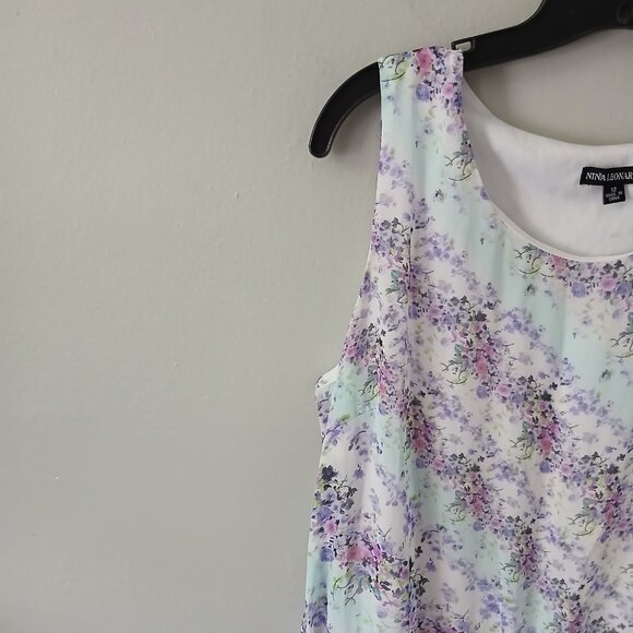 Nina Leonard Size 12 Sleeveless Midi Layered Ruffle Hem Dress Floral Blue Pink - Picture 4 of 16